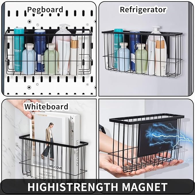 2 Pack Magnetic Basket Organizer Shelf Rack for Refrigerator Peg Board Office File Foil Plastic Food Wrap Spice Pegboard Holder