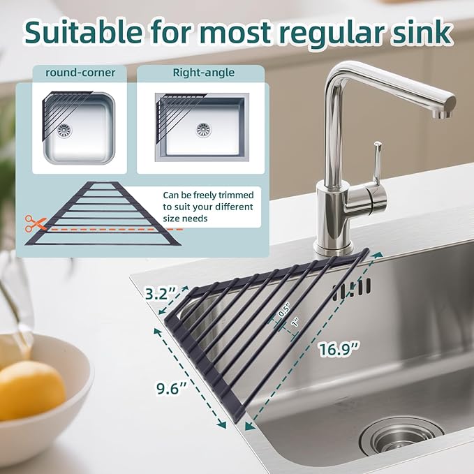 Corner Sink Caddy, Ohuhu Sponge Holder for Kitchen Sink Organizer Silicone Wrapped Steel Anti Slip Rust Triangle Over the Sink Dish Drying Rack for Sink Corner Multipurpose Drainer Trivet Space-Saving-NeatNest