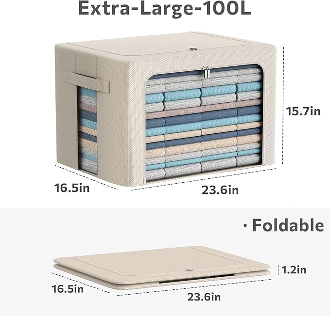 3Pack Frame Storage Box - Clothes Storage Bin Bags Oxford Fabric Foldable Stackable Container Organizer Set with Clear Window & Carry Handles Large Capacity (Beige, Extra Large-100L)-NeatNest