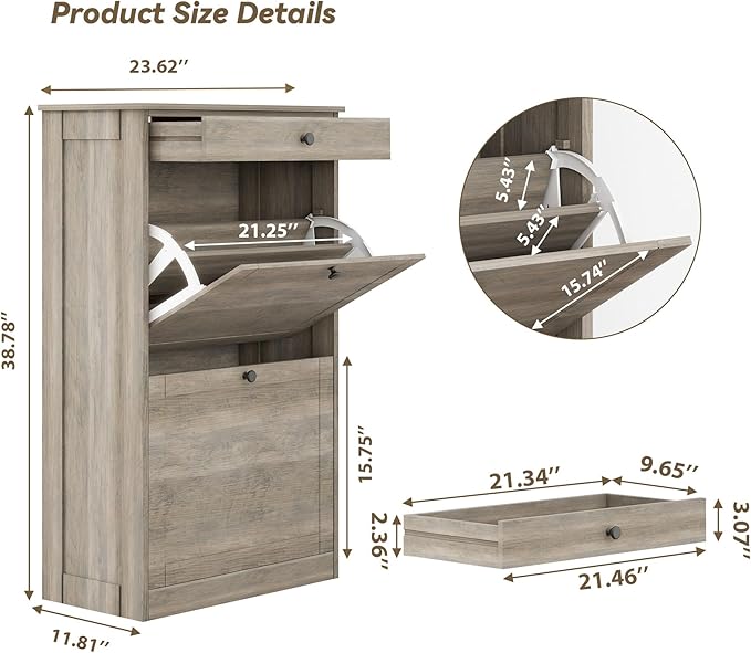 Shoe Cabinet with 2 Flip Drawers, Narrow Freestanding Shoe Storage Organizer, Slim Wooden Hidden Shoe Rack for Front Door Entrance, Closet, Hallway, Living Room, Rustic Gray-NeatNest