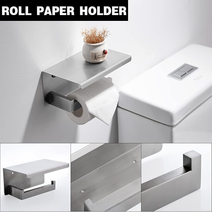 Brushed Nickel Bathroom Towel Bar Set Bathroom Accessories Hardware Set Including Towel Bar Towel Ring Coat Hook and Toilet Paper Holder with Shelf. Wall Mounted Stainless Steel-NeatNest