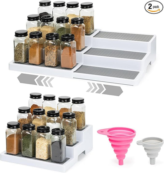 Expandable 3 Tiered Spice Rack Organizer for Cabinet and Kitchen Pantry Shelf - Set of 2 Non-Slip Shelves for Spices, Seasoning, Canned Food, Medicine - Includes Silicone Funnels for Easy Refilling-NeatNest