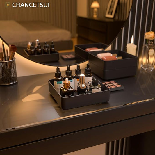 CHANCETSUI Black Stackable Vanity Organizer Trays: Thick Makeup Holder for Countertop, Shallow Drawers-NeatNest