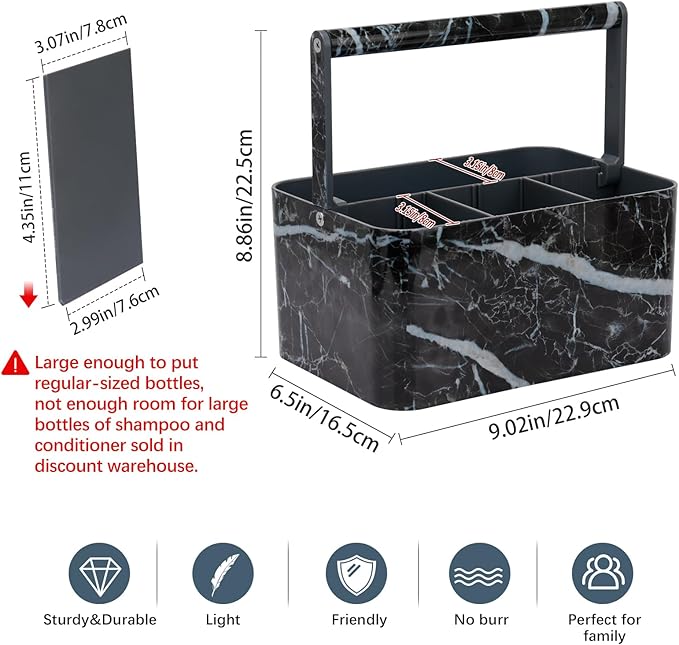 Plastic Shower Caddy Dorm: Portable Bathroom Caddy Organizer for College with Handle and Adjustable Divider, Utility Hard Shower Basket Bin Tote for Toiletry,Shampoo,Soap,Cleaning Product Black