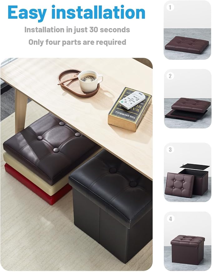 AmasSmile Storage Ottoman Folding Foot Rest Stool with Side Pocket, 16 inch Leather Footstool Bench, Short Ottoman Bench, Storage Foot Rest Store, Books, Brown-NeatNest