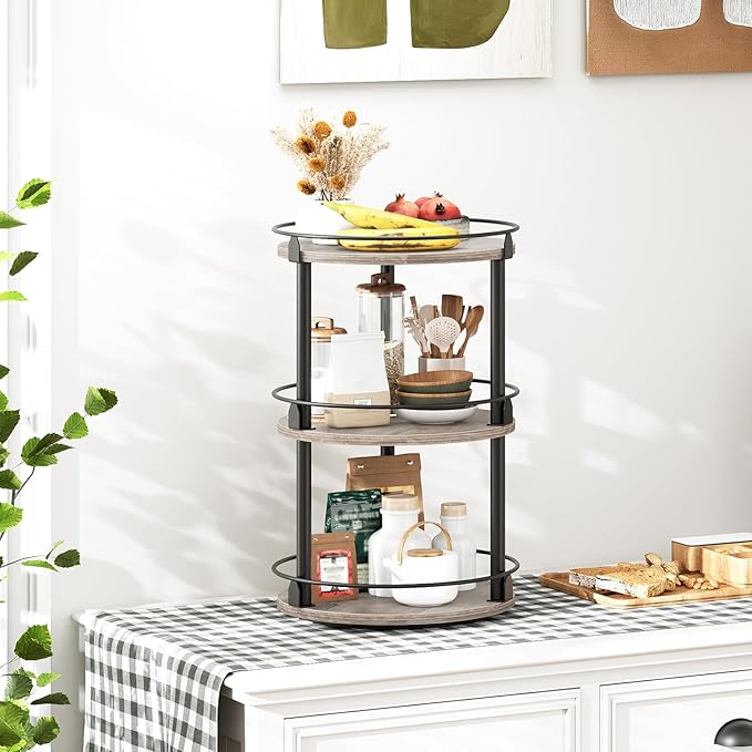 3-Tier Lazy Susan Organizer, Rotating Spice Rack, Spinning Organizer, Industrial Turntable Spice Rack Organizer for Cabinet, Kitchen Countertop, Greige and Black SR23BG-NeatNest