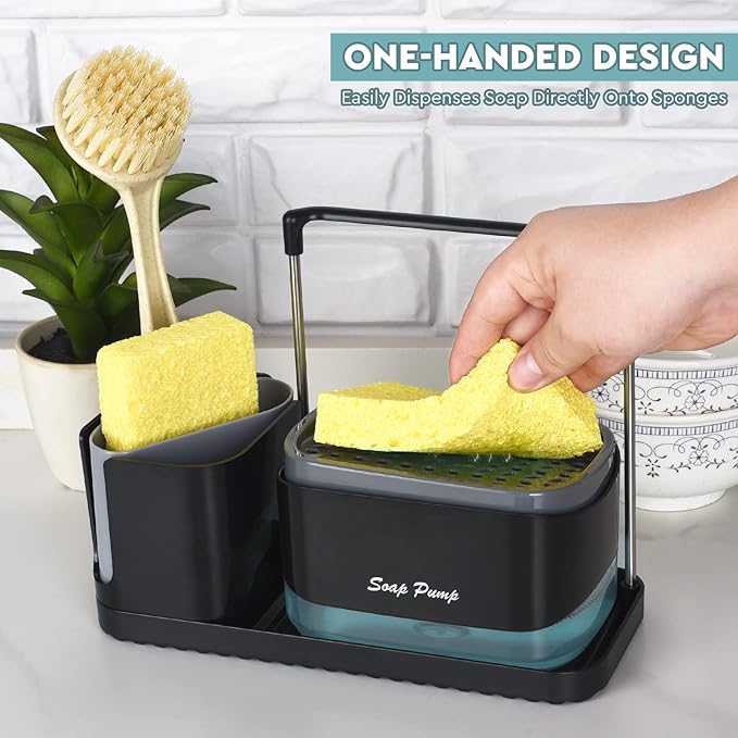 Bestseek Kitchen Soap Dispenser Set with Tray and Sponge Holder, Sink Caddy Organizer with Dishcloth and Dish Brush Holder, for Countertop Storage Organize - Practical Kitchen Gadgets-NeatNest