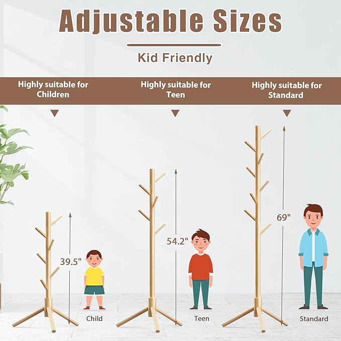 Haddockway Wooden Coat Rack Stand with 8 Hooks New Zealand Pine 3 Adjustable Coat Standing Tree Easy Assembly for Coats, Hats, Scarves and Handbags for Entryway, Hallway, Bedroom, Office-NeatNest