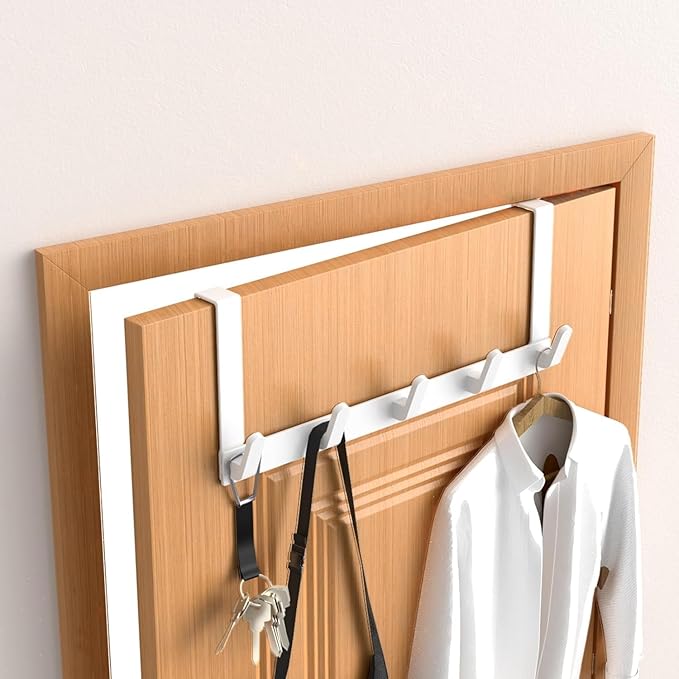 Over The Door Hooks Hanger with Extended Arms,L7U,Fits 1 3/8" Doors, Bathroom Accessories and Towel Rack Organizer Holder for Coat Robe Hat,White