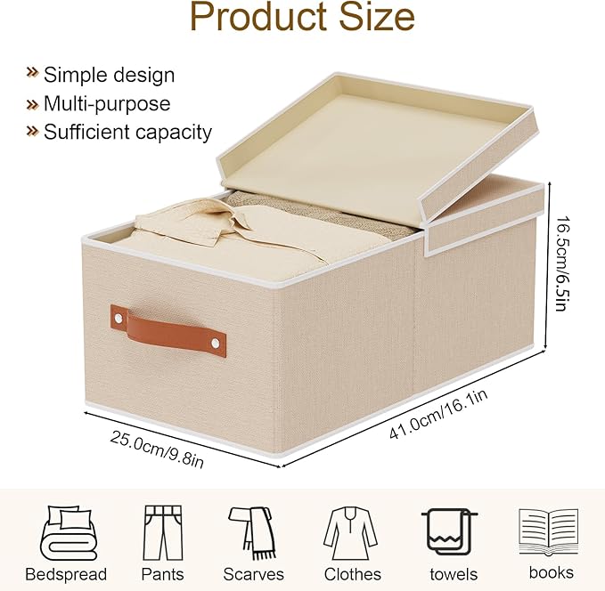 3-Pack Storage Boxes, Foldable Blanket Basket with Detachable Lid, Linen Closet 0rganizers with Double Handles, Collapsible Cubes for Organizing, Beige, 16.1 x 9.8 x 6.5 inch-NeatNest