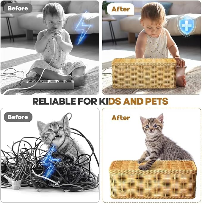 Cable Management Box,2 Open Slots Cord Organizer Hider Box with Lid,2 Pack Handwoven Imitation Rattan Cable Organizer Box for TV Wire Computer Router & Power Strip-A Style(Light Brown)