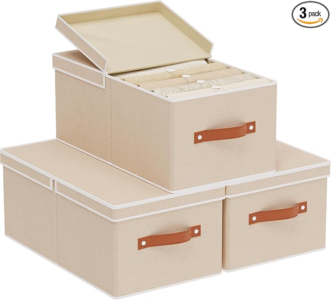 3-Pack Storage Boxes, Foldable Blanket Basket with Detachable Lid, Linen Closet 0rganizers with Double Handles, Collapsible Cubes for Organizing, Beige, 18.5 x 11 x 7.9 inch-NeatNest