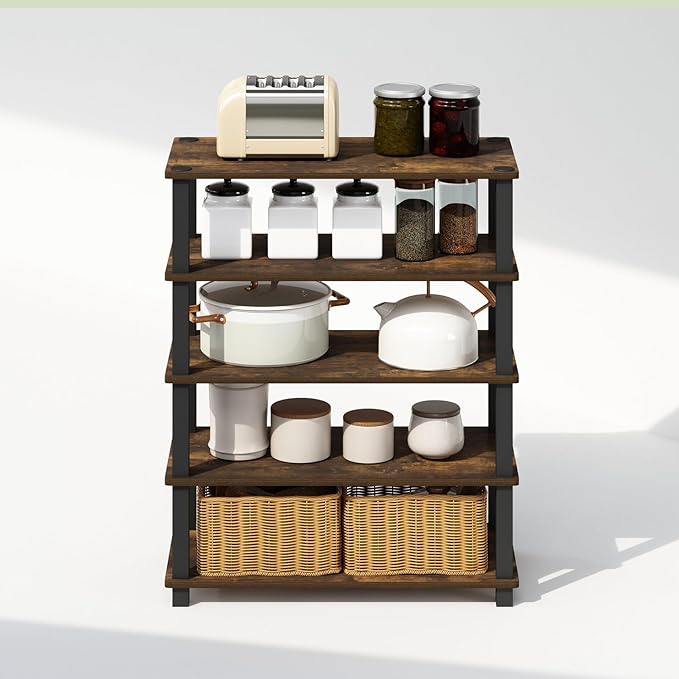 Furinno Turn-S-Tube 3-Tier Multipurpose Stackable Standing Shelves, Amber Pine/Black, Set of 2-NeatNest