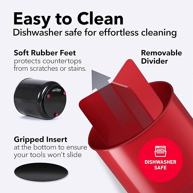 Extra Large Rotating Red Utensil Holder with Sturdy No-Tip Weighted Base, Removable Divider, and Gripped Insert | Rust Proof and Dishwasher Safe Kitchen Utensils Holder by Cooler Kitchen 7*7 Inches-NeatNest