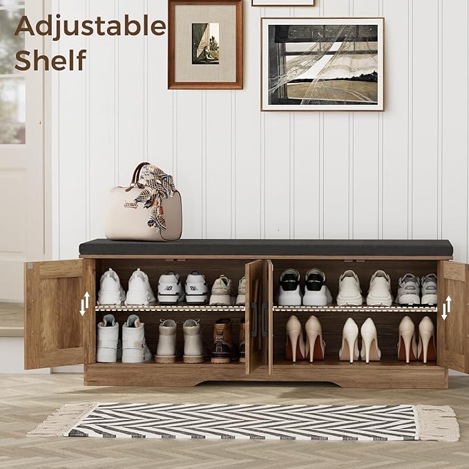 2-Tier Storage Bench, Shoe Bench with Padded Seat Cushion, Entryway Bench with 4 Barn Doors, Adjustable Shelf, 13.8" D x 47.2" W x 17.7" H, for Entryway, Living Room, Bedroom, Rustic Walnut-NeatNest