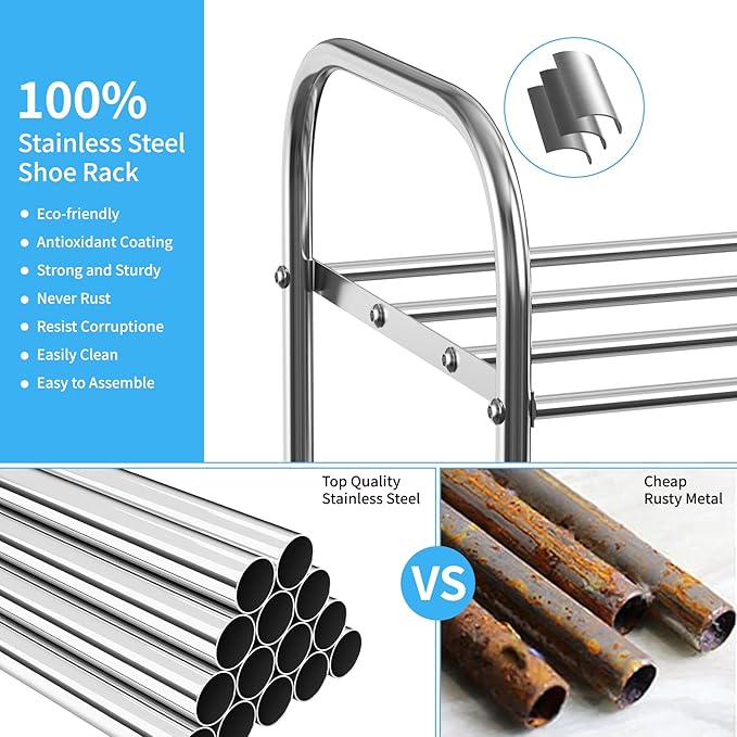 2 Tier Expandable Shoe Rack for Closet, Stainless Steel Shoe Shelf, Strong Weight Capacity Shoes Organizer, Easy to Install and Saving Space Standing Shelf with Sturdy Frame(2 Tier)-NeatNest