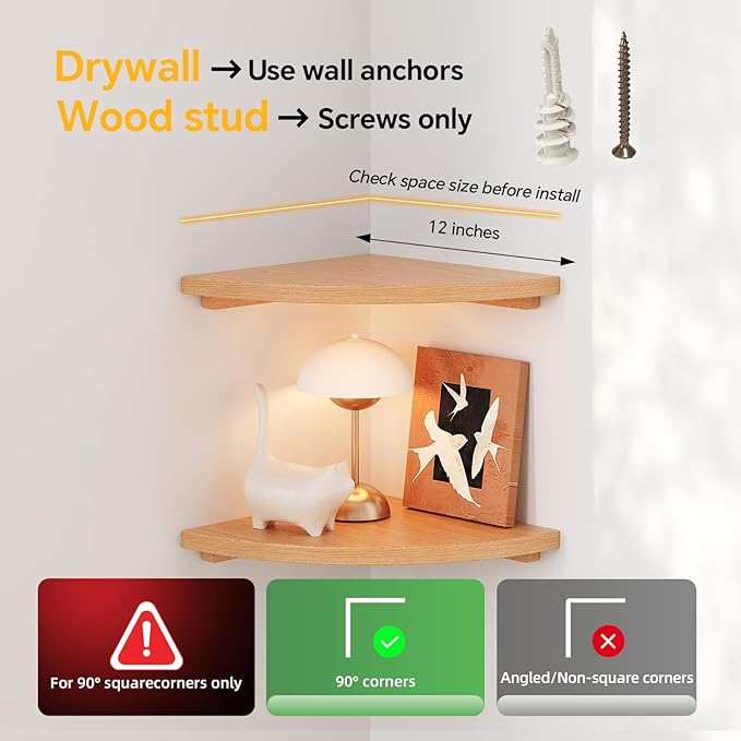 Floating Corner Shelves Oak 12", Solid Oak Wall Mounted Wooden Display Storage Rack with Wire Hole for Plants, Photos, Speakers, Bedroom, Kitchen, Living Room Décor - 2-Pack-NeatNest