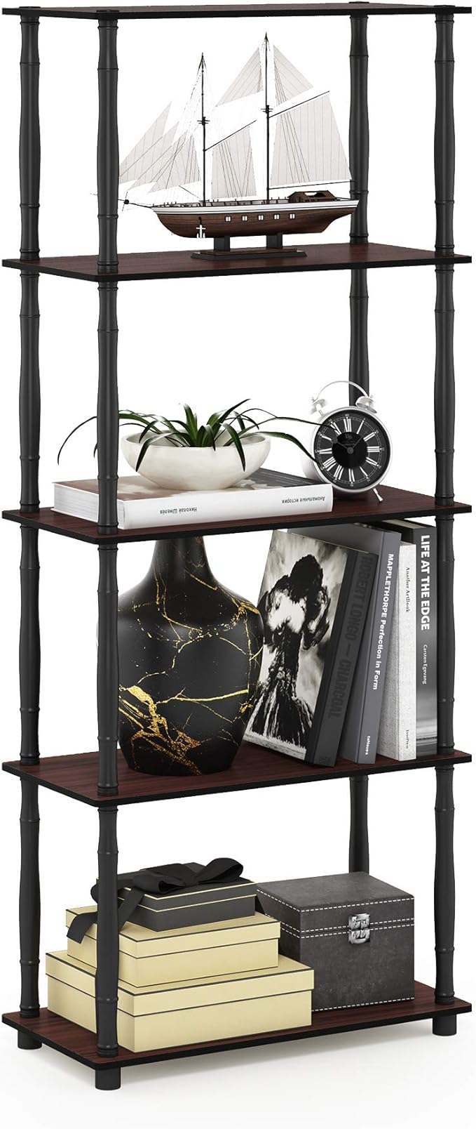Furinno Turn-N-Tube 5-Tier Multipurpose Shelf / Display Rack / Storage Shelf / Bookshelf, Classic Tubes, Dark Cherry/Black-NeatNest