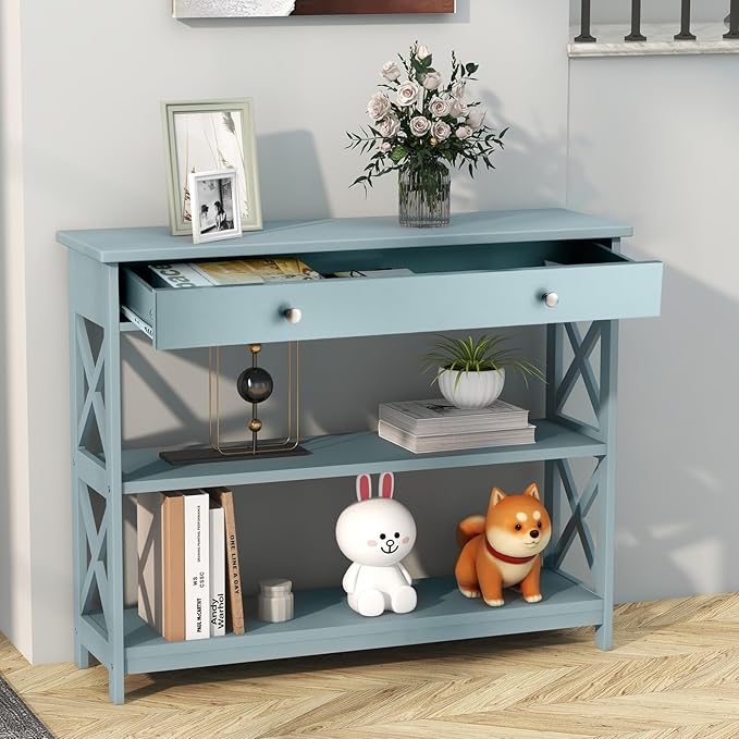 GOFLAME 39" Console Sofa Table with Drawers, 3-Tier Narrow Entry Table with Storage Shelves for Living Room Behind Couch, Entryway, Hallway (Green)-NeatNest
