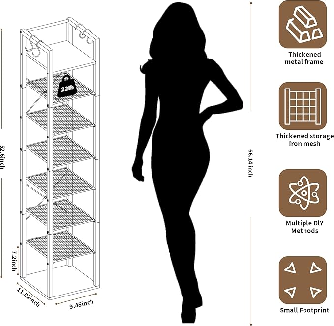 8 Tier Vertical Shoe Rack, Narrow Shoe Storage Organizer with Hooks, Slim Corner Shoe Tower Rack, Adjustable Tall Shoes Shelf, Entryway Living Room Bedroom, Rustic Brown-NeatNest