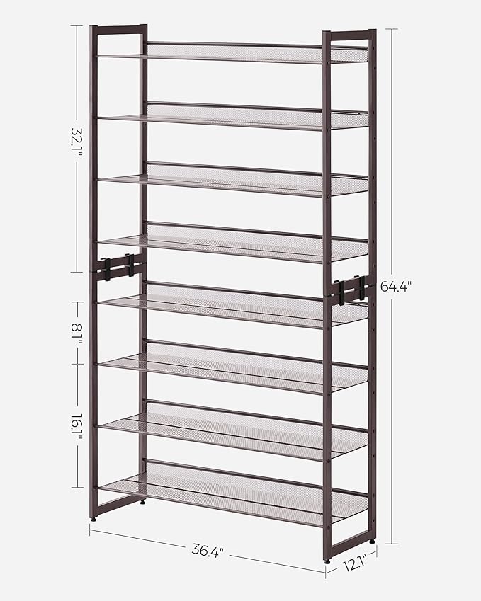 SONGMICS Shoe Rack, 8-Tier Shoe Organizer, Metal Rack for Garage, Set of 2, 4-Tier Stackable Shelf, with Adjustable Flat or Angled Shelves, 32-40 Pairs, Bronze ULMR08A-NeatNest