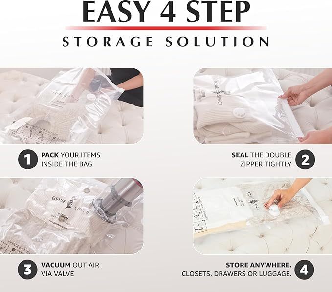 GENIE SPACE Medium Vacuum Storage Bags - Pack of 2, 27x20in | Strong Space Saving Bags | Premium Airtight & Reusable Vacuum Bags for Clothes, Towels, Childrenswear, Soft Toys & More-NeatNest