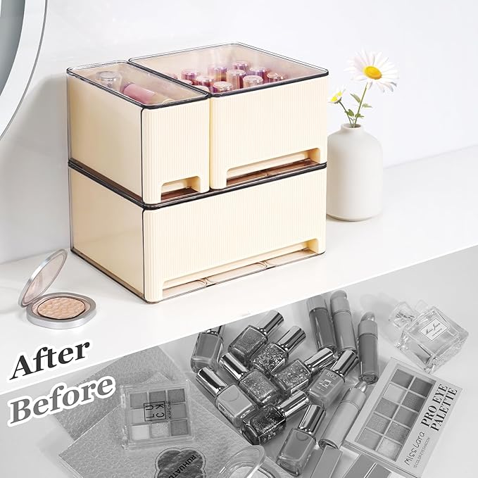 Stackable Makeup Organizer, 3 Pack Plastic Drawer Storage with Handle for Vanity Bathroom Countertop, Cream-NeatNest