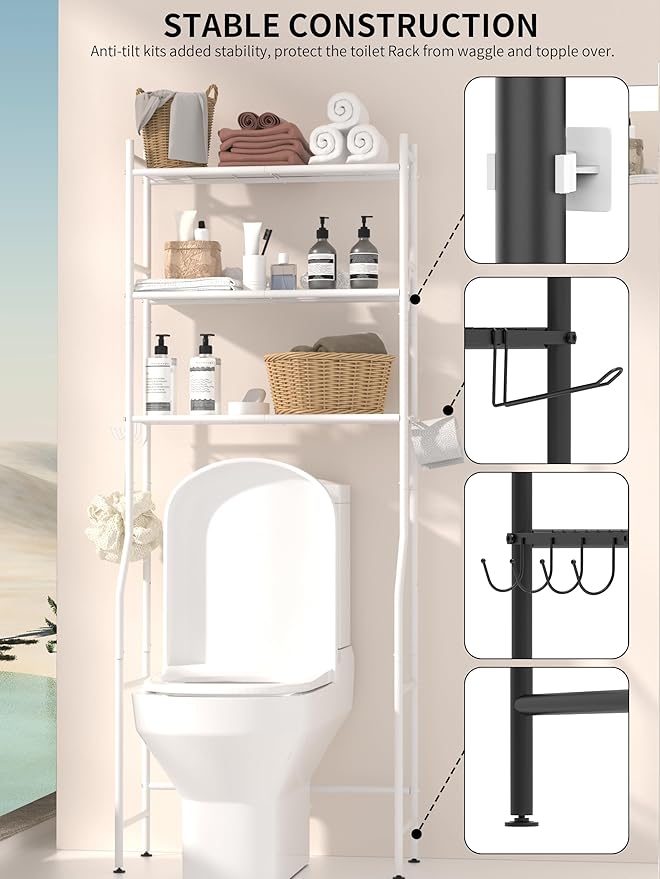 3-Tier Over The Toilet Storage, Space Saver Metal Bathroom Shelves, Freestanding Above Over Toilet Storage Shelf with 4 Hooks for Bathroom, White-NeatNest