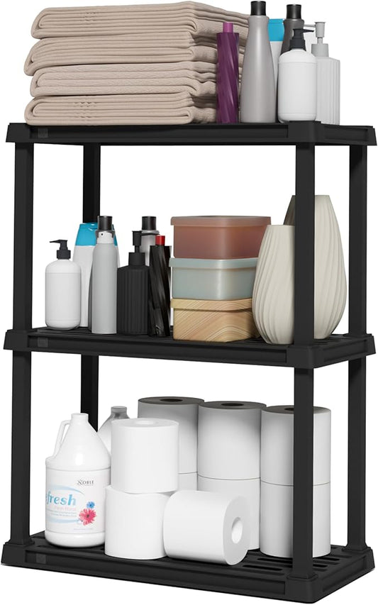 IRIS USA 3-Shelf Light Duty Plastic Storage Shelves, 150lb Capacity, 33"H x 24"W x 12"D, Medium Modular Shelving Unit Storage Organizer for Bathroom, Laundry, Garage & Home, Storage Rack - Black