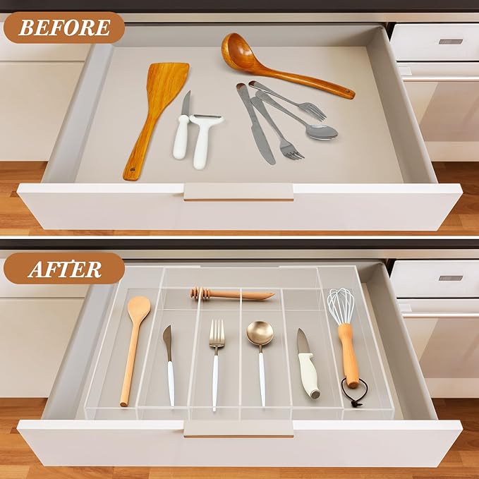Expandable Kitchen Drawer Organizer Clear Acrylic Utensil Organizer Adjustable Acrylic Silverware Storage for Kitchen Drawers Silverware Flatware Knives(5-7 Compartments,12 x 16 Inches)