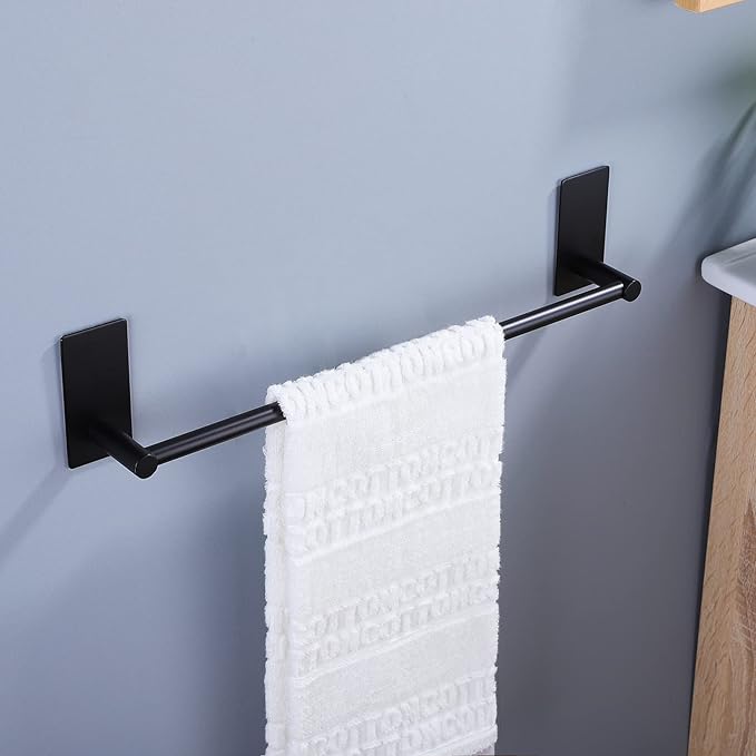 Taozun Towel Bar - Towel Holder with 2 Packs Adhesive Hooks Black 16-Inch Hand Towel Rack Stick on Wall, Stainless Steel Bathroom Hardware Accessory Kit