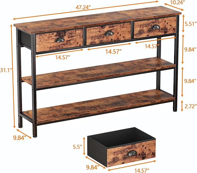 Furologee Long 47" Console Sofa Table with 3 Drawers, Entryway Table with 3-Tier Storage Shelves, Industrial Display Shelf for Entry Way, Hallway, Couch, Living Room, Kitchen, Foyer, Rustic Brown-NeatNest
