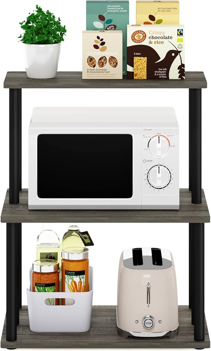 Furinno Turn-N-Tube 3-Tier Toolless Kitchen Storage Shelf, French Oak Grey/Black-NeatNest