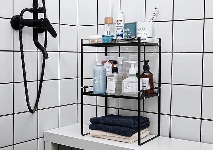 2pk Kitchen Cabinet Shelf Counter Organizer Rack Pantry Storage Bathroom Bedroom Office Table Desk Space Saving Steel Frame Stackable Rust Resistant Non Slip Black-Tall-L13in W8.3in H9.5in-NeatNest