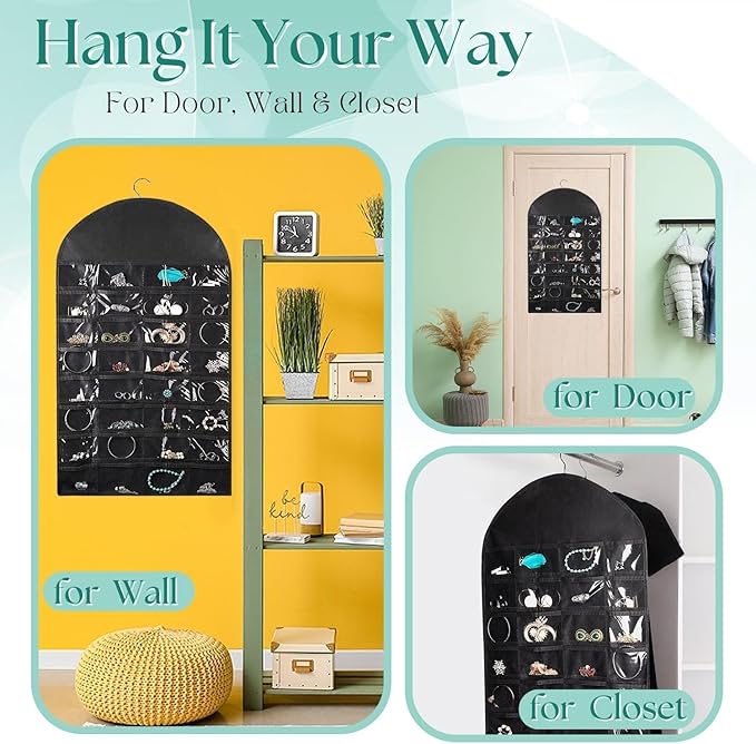 Flexzion Hanging Jewelry Organizer – (1 Pack) Black 32 Clear Pockets & 18 Hooks & Loops, Non-Woven Bag Dual Side Earring Storage Display Holder with for Necklace Bracelet Sunglasses-NeatNest