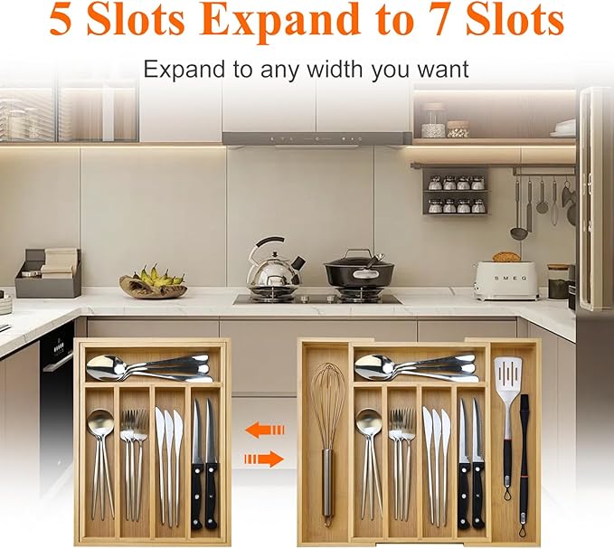 Expandable Large Utensil Drawer Organizer Cutlery Tray Bamboo Kitchen Silverware Organizer Cooking Utensil Tray Holder Adjustable Wooden Flatware Organizer for Drawer Spoon Fork Silverware Tray-NeatNest