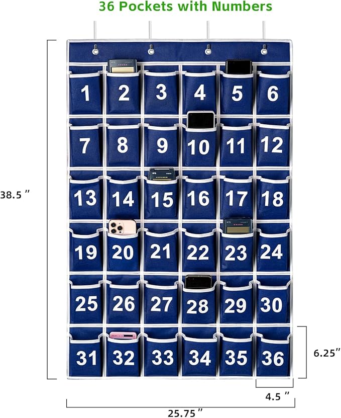 36 Pockets Blue Numbered Classroom Pocket Chart for Cell Phones, Hanging Pocket Chart Storage for Classroom Phone Calculator Holder with 4 Stainless Steel Hooks (Blue-36pockets)-NeatNest