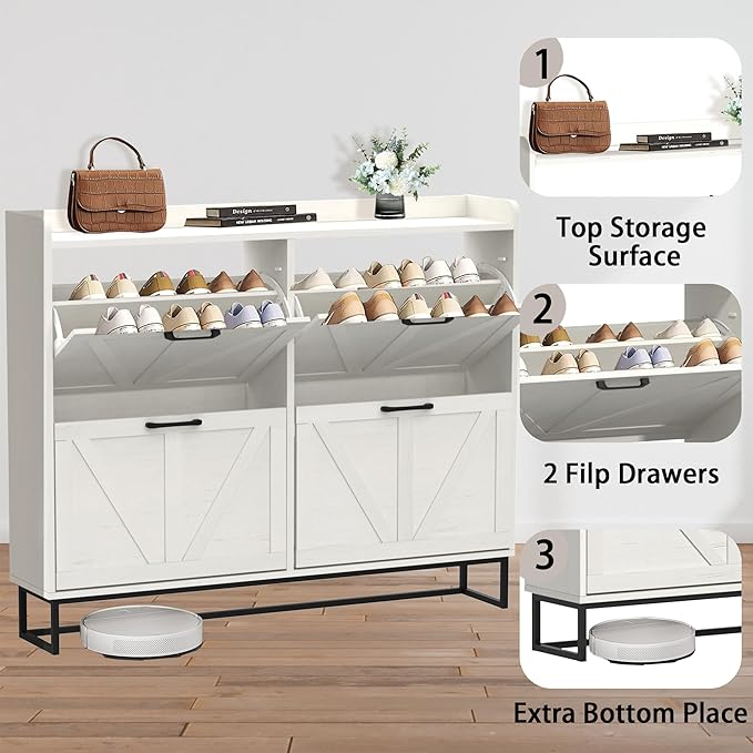 Hidden Shoe Storage Cabinets with 4 Flip Drawers and Metal Legs, Freestanding Narrow Shoe Organizer Rack for Entryway, White-NeatNest