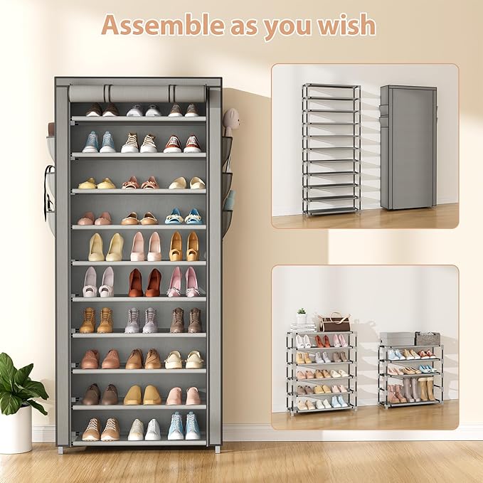 VTRIN Vertical Narrow Shoe Rack Organizer Tall Shoe Rack for Closet Entryway 10 Tier Non-Woven Cover Shoe Shelf Holds 36-41 Pairs Free Standing Shoe Storage Cabinet with Dustproof Cover, Grey-NeatNest