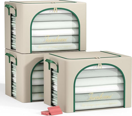 Furnhome 3 pack Clothes Storage Bins with metal Frame, sweater storage for closet, Stackable Storage bins for clothes, Foldable Clothing Storage bins with Cedar Blocks& Windows&Zippers|70L-Dark Green