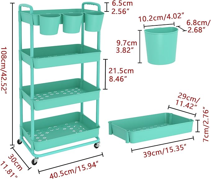 JIUYOTREE 4-Tier Plastic Rolling Storage Cart Utility Cart with Extra Hanging Cups Handles Lockable Wheels for Living Room Bathroom Kitchen Office Green-NeatNest