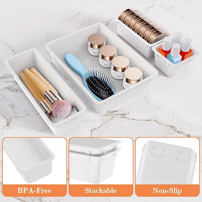 25 PCS Plastic Drawer Organizer Set, 4-Size Versatile Organizer Trays & storage Bins for Makeup, Jewelry, and Gadgets in Bathroom, Bedroom and Office, White-NeatNest
