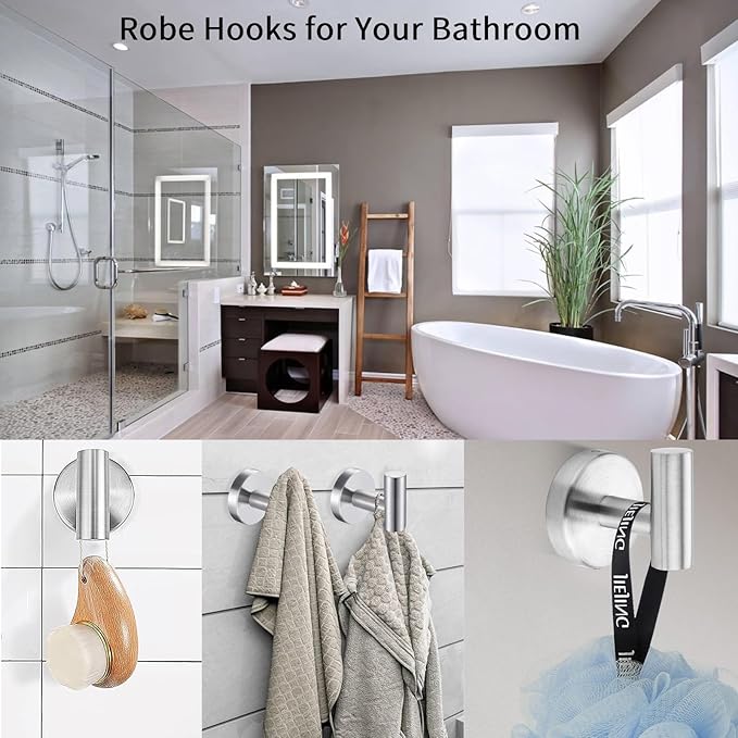 Kruodop Towel Hooks for Bathroom,2 Packs Wall Mount Towel Holder, Matte Wall Robe Hook,Stainless Steel Heavy Duty Door Hanger Towel Hook for Kitchen, Bedroom,Hotel,Pool,Coats, Silver