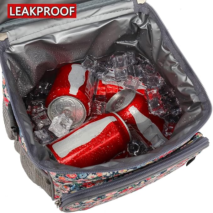 FlowFly Insulated Reusable Lunch Bag Adult Large Lunch Box for Women and Men with Adjustable Shoulder Strap,Front Zipper Pocket and Dual Large Mesh Side Pockets,Floral-NeatNest