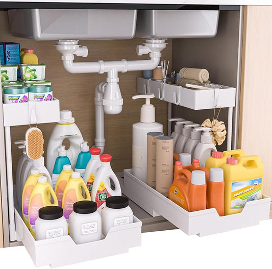 2-Tier Under Sink Organizers and Storage 2 Pack Sliding L-shape Under Cabinet Organizers For Narrow Space Multi-purpose Sink Organizer for Bathroom Kitchen Drawer(White 2 Pack)-NeatNest