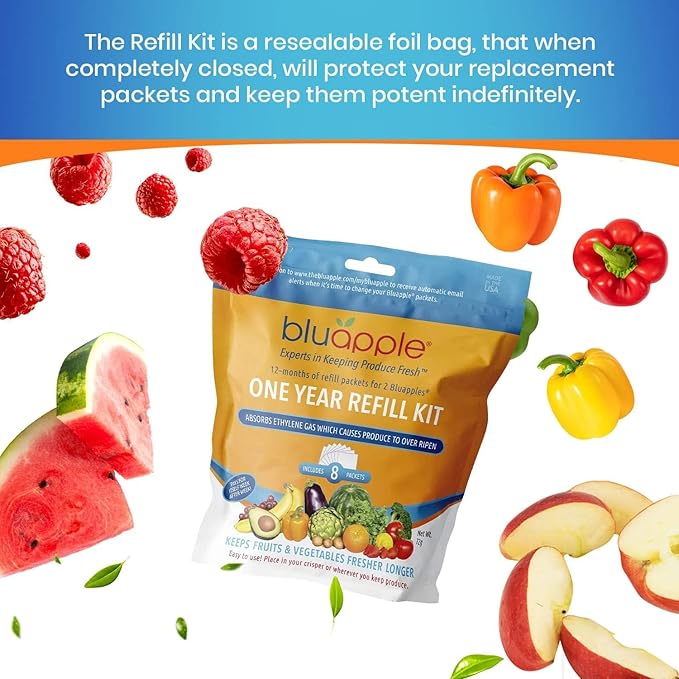 Bluapple Produce Saver Refill Kit - Keep Fruits & Vegetables Fresh Longer, Veggie & Fruit Saver, 8 Packets (9 grams each), Lasts up to 3 Months, Produce Storage, Ethylene Gas Absorber, Made in USA-NeatNest
