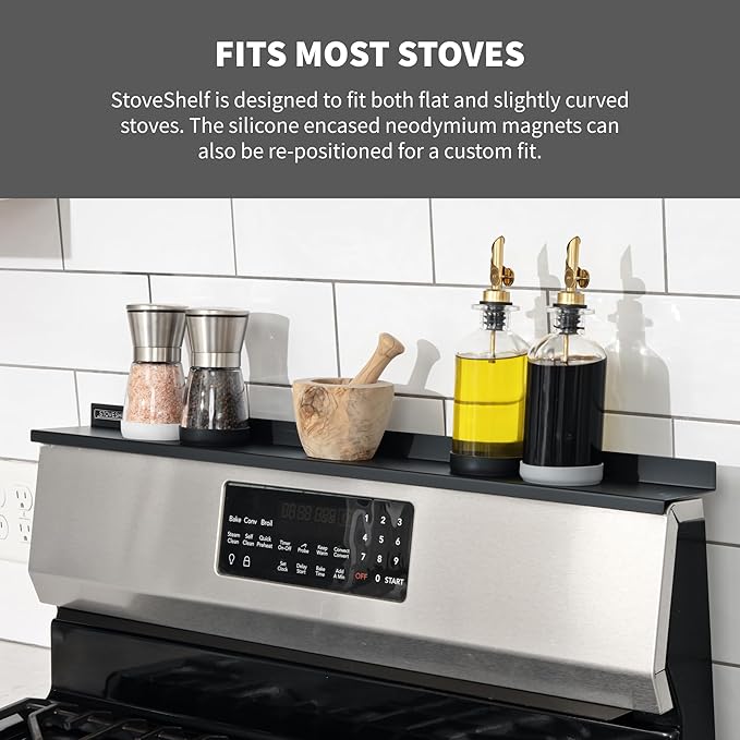 StoveShelf 20" Apartment Length Black Magnetic Shelf for Kitchen Stove - Kitchen Storage Solution with Zero Installation - Over Stove Spice Rack Organizer