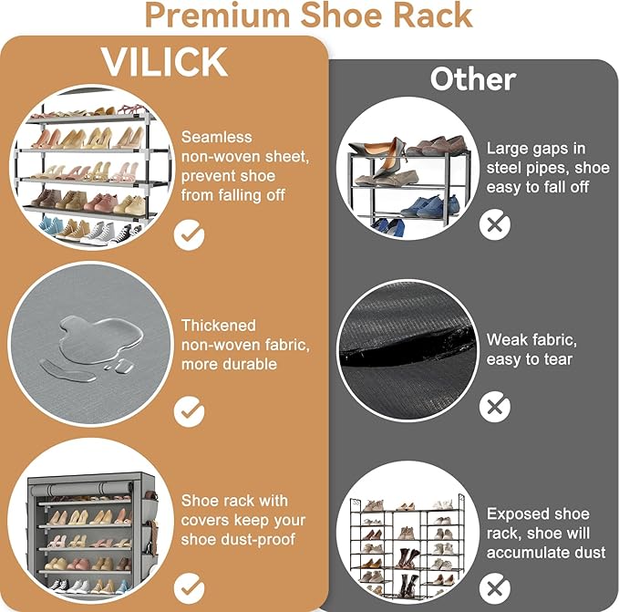 Shoe Rack with Cover, 8 Tier Tall Shoe Organizer Storage for 36-45 Pair Shoes and Boots Large Shoe Storage Shelf Free Standing Shoe Rack for Closet, Front Door Entrance, Dorm, Garage, Grey-NeatNest
