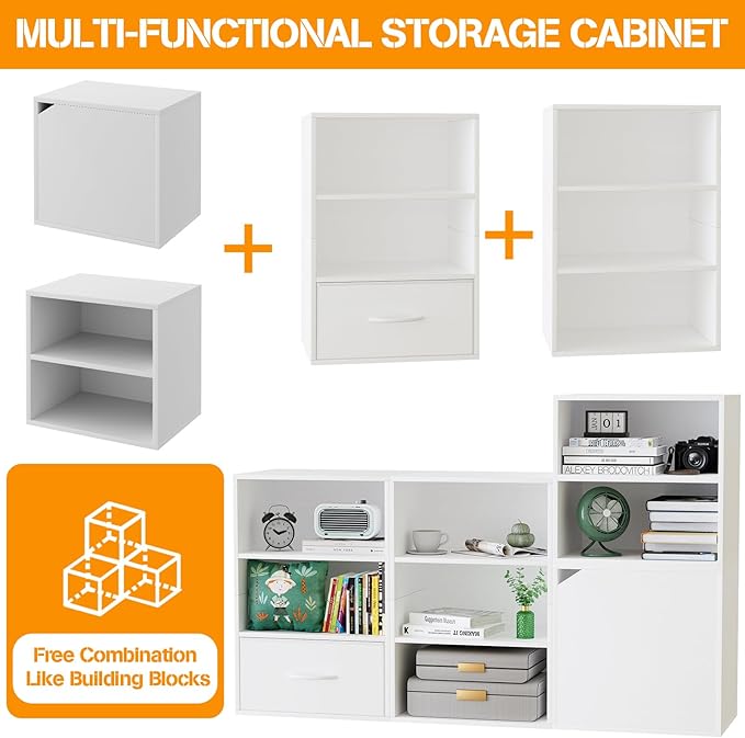 Garden 4 You Cube Storage Organizer, 3 Tiers Stackable Bookshelf, Wooden Display Bookcase With 3 Cubes, Small Cabinet for Living Room Bedroom, White-NeatNest