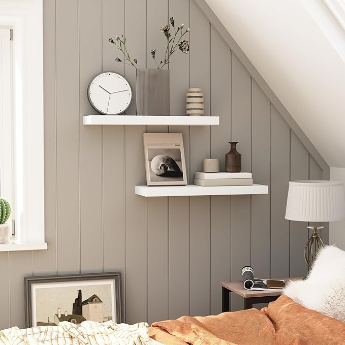 HOOBRO Floating Shelves for Wall, Wall Mounted Shelf Set of 2, 23.6" Hanging Shelf with Invisible Brackets, for Wall in Bathroom, Bedroom, Toilet, Kitchen, Living Room, Office, White WT60BJ01-NeatNest